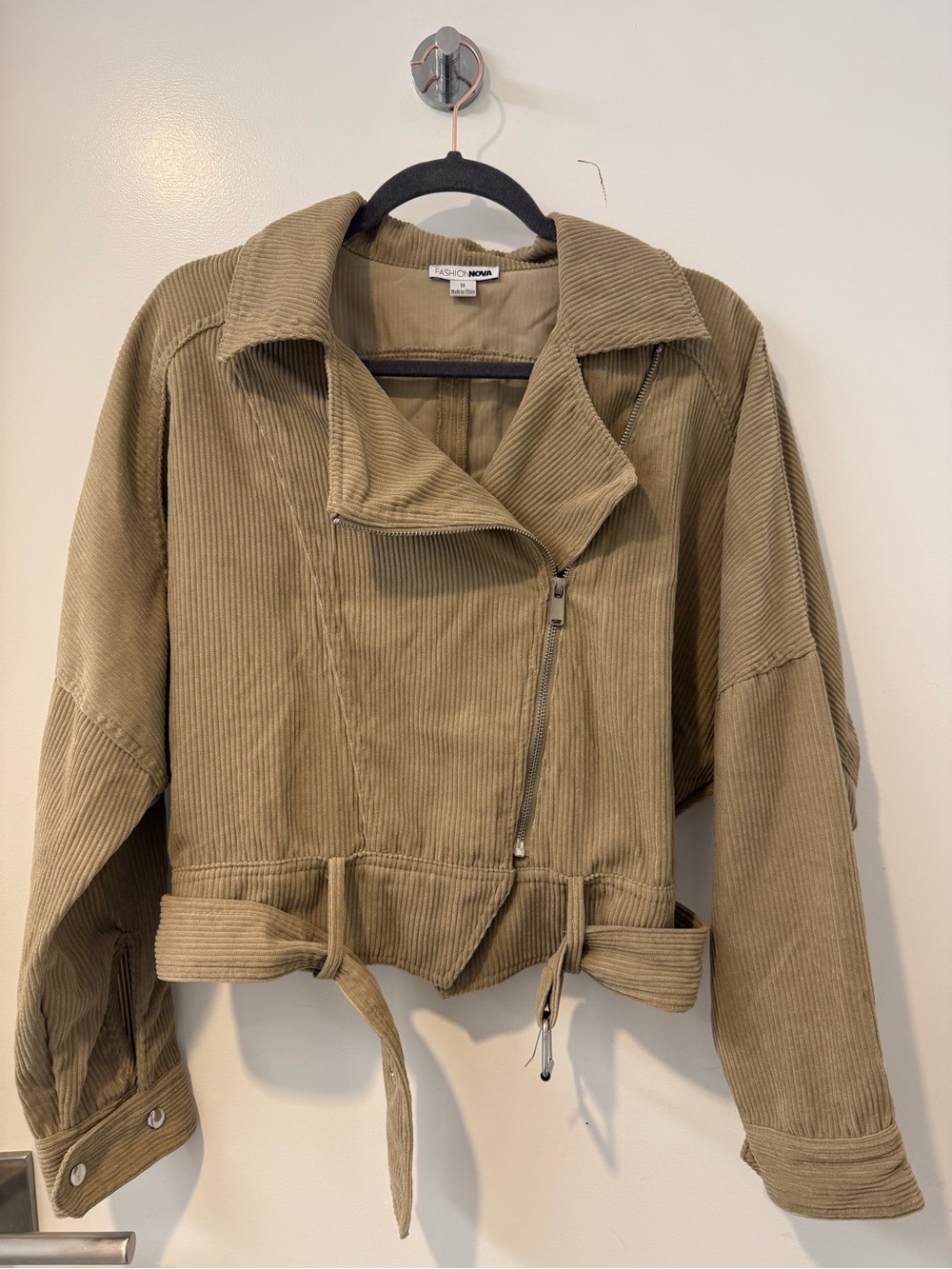 Fashion Nova Olive-Tan Corduroy Asymmetrical Zip Jacket